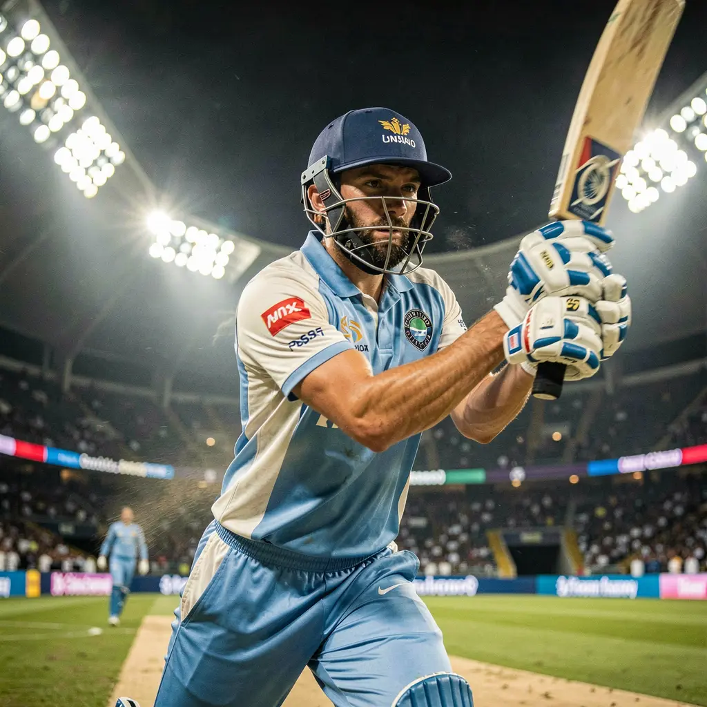 Intense moment of a cricket batsman playing a shot under bright stadium lights symbolizing big match betting opportunities with 96OK in Bangladesh